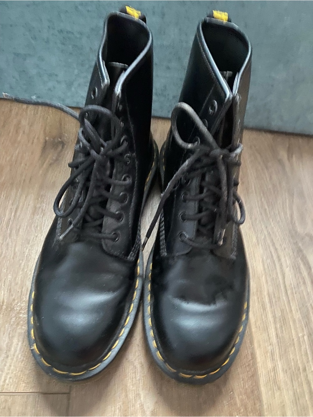 Dr. Martens Black Leather Lace-Up Boots with Yellow Stitching